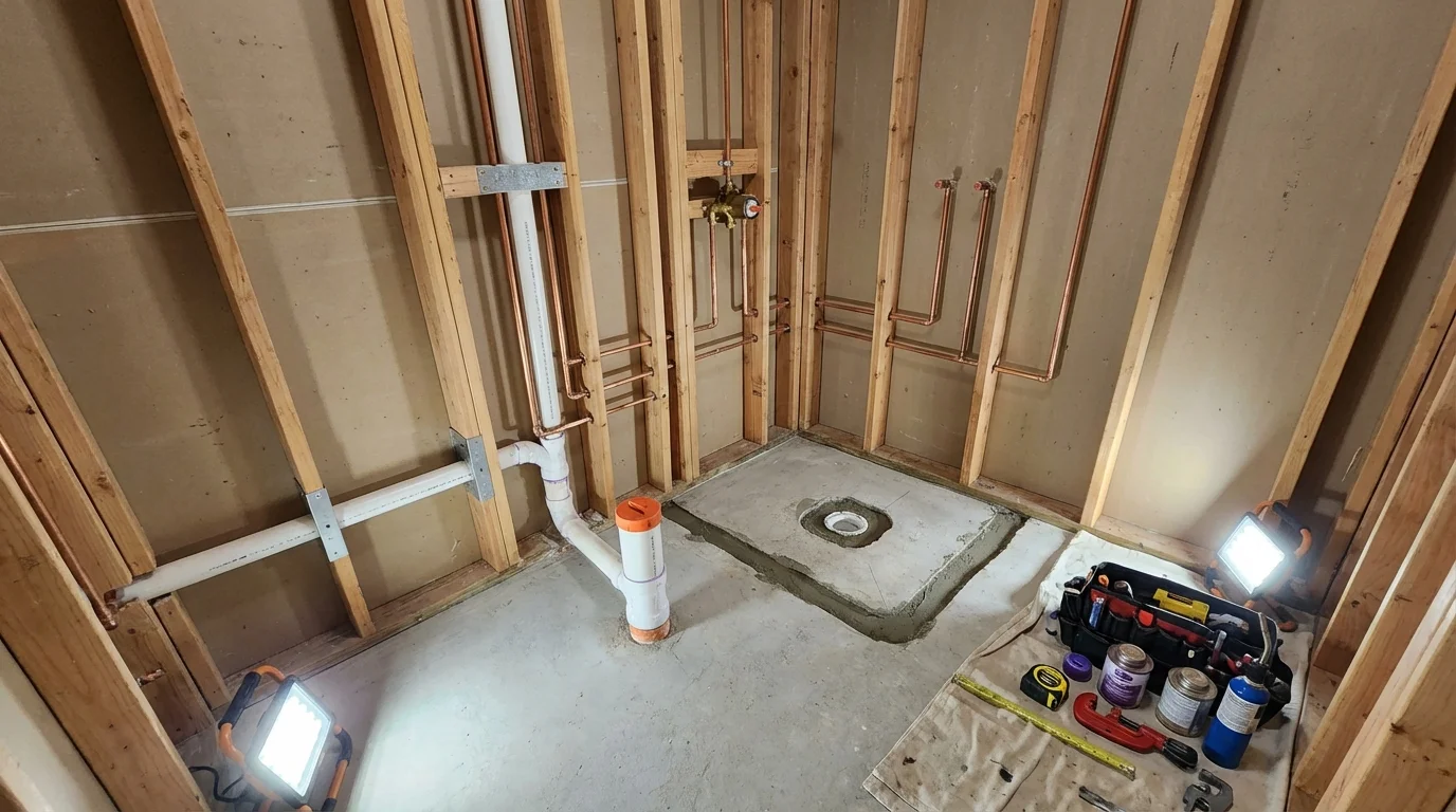 Bathroom rough-in plumbing during remodel by Johns Plumbing LLC in Arverne