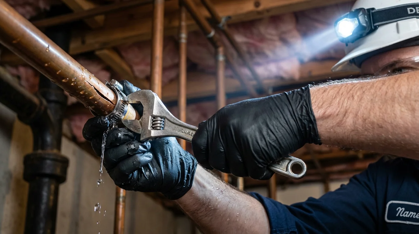 Emergency pipe clamp repair being performed by a Johns Plumbing LLC plumber in Arverne