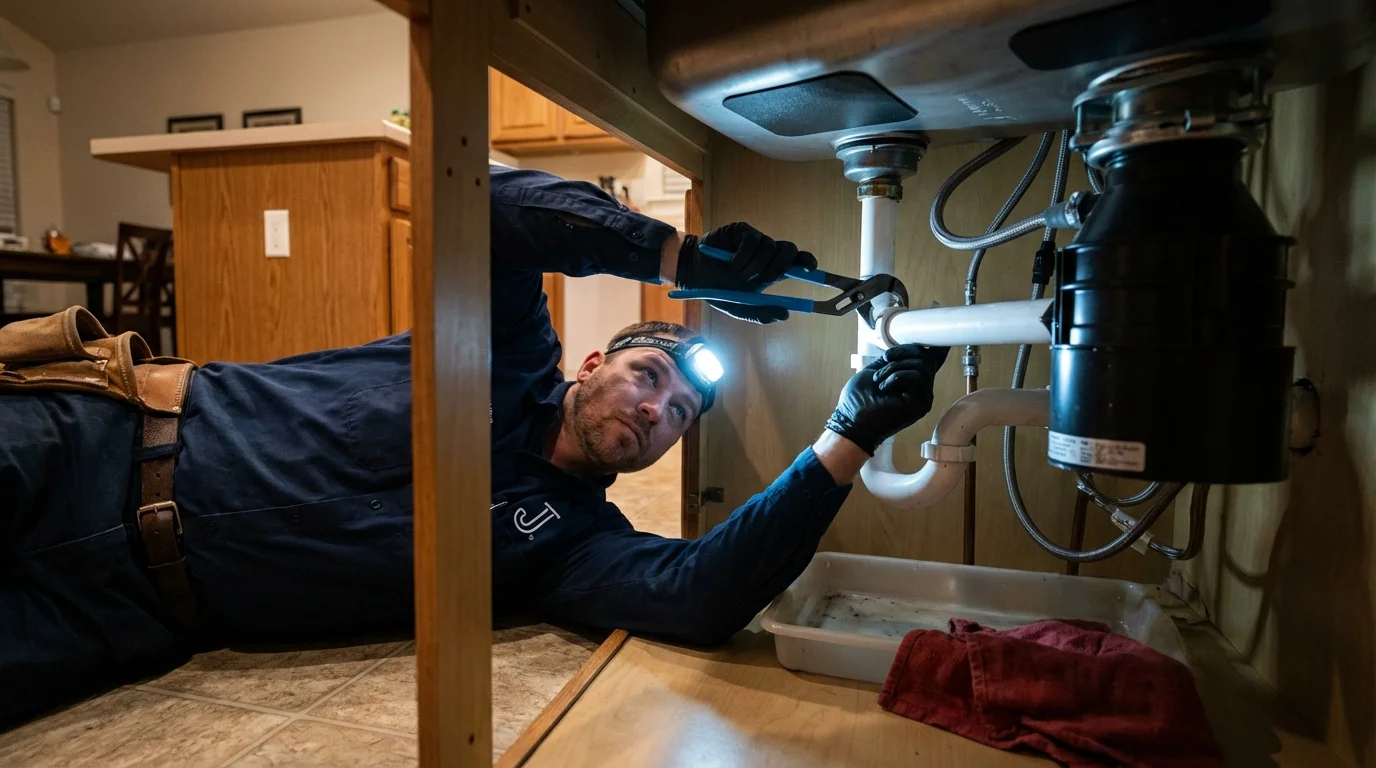 P-trap and supply line connections under a kitchen sink showing a common leak point in Arverne, NY
